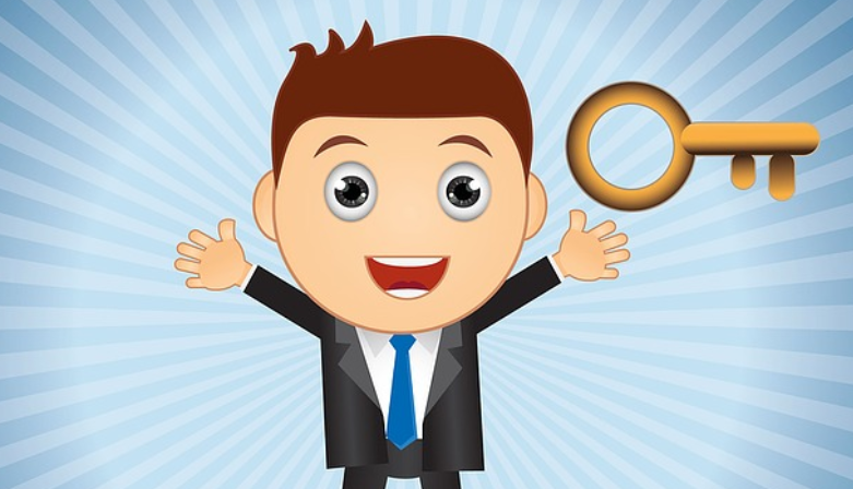 Cartoon man smiling with golden key